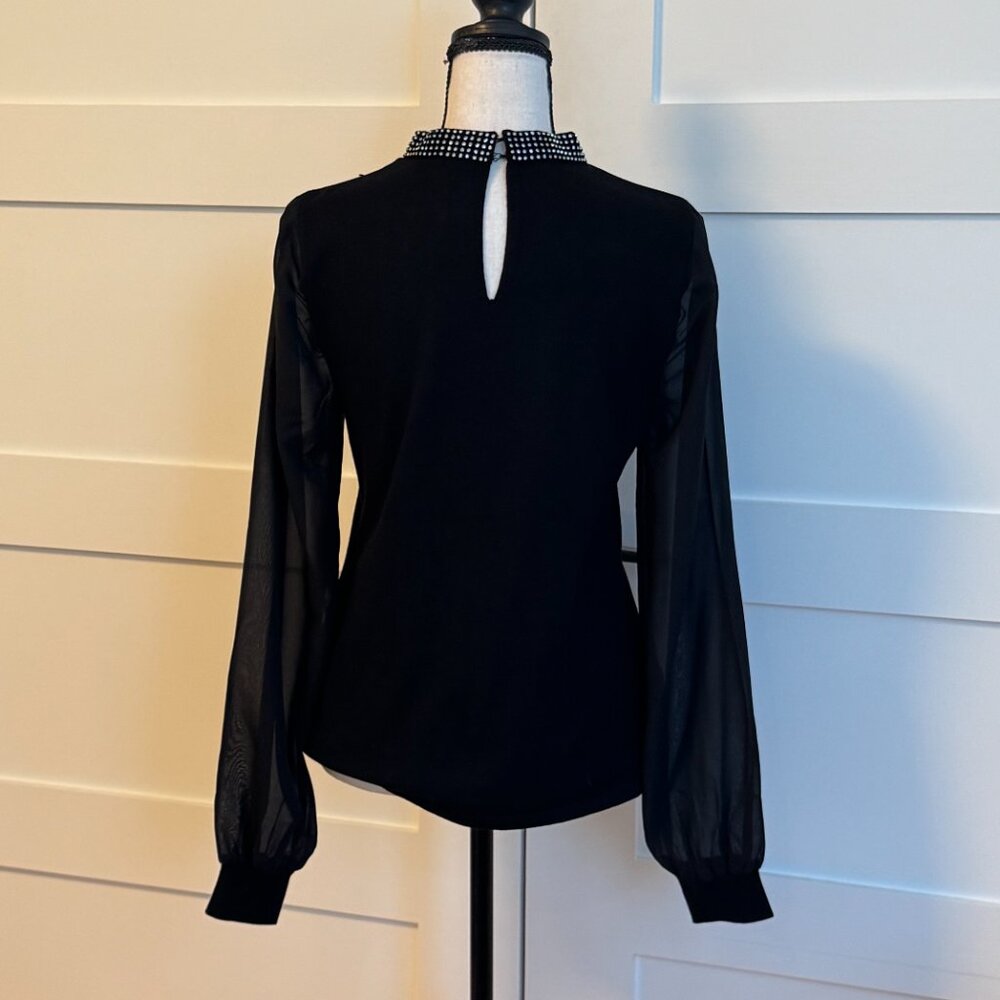 EUC - Elegant sheer sleeve top with rhinestone collar - size S - Picture 5 of 7